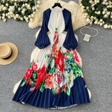 Elegant Dress Women Fashion Nail Ball Collar Hollow Pressure Folding Lantern Sleeves To Print Long