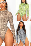 Sexy Hot Women Long Sleeve Turtleneck Bodycon Slim Romper Tops Snake Skin Print Clubwear Party Jumpsuit Leotard Outwear