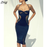 Patchwork See Through Mesh Women Dress Black Sexy Backless Spaghetti Strap Dress Female Summer Skinny Fashion