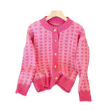Zingj Style Short Temperament Socialite Small Sweater Hot Style Coat Jacket Small Fragrant Wind Pink Plaid Sweater Woman-Outfit