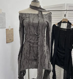 Dark Waste Soil Wind Makes The Old Hole Hanging Shoulder Hanging With Long Sleeves Irregularly Open Fork T-Shirt Skirt
