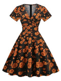 60s 50s Big Swing Summer Dress Women Causal Robe Midi Pin-Up Tunic Sundress Short Sleeve V Neck Party