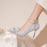 Women 2025 Summer New Pointed Bow Bow Drill High-End Silver Wedding Shoes Fine Heel Single
