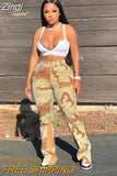 Women's Casual Trousers Camouflage Print Zip Button Design Patchwork Flared Straight Pants