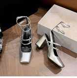 French Beauty Mary Jane Shoes Women 2025 Summer New Silver Square Head Coarse Heel