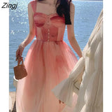Vintage Floral Dress Women Casual Princess Midi Fairy Strap Dress Party Beach Female 2022 Elegant One Piece Dress