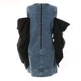 New Round-Neck Denim Collevetic Collider Pintap Crash Color Removable Heap Sleeve Dress