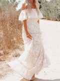 Dress Women White Slash Neck Dress Summer Butterfly Sleeve Lace Stitching Long Sundress Boho Hollow Out Vestido