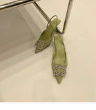 Side Buckle Water Drill Sandals Women Sandals Green Wild Fairy Fine Heel Low Heel French High-End Heel With Working