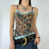 Zingj Dopamine Lace Spliced Leopard Print Sling Vest Women's Side Slit Closed Waist Strap Bottom