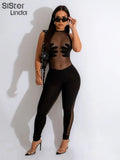 Handprint Patchwork Jumpsuit Women Sleeveless Skinny Mesh See Through One Piece Overalls Midnight Workouts