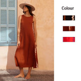Zingj Spring And Summer Leisure Fashion Round Collar Vest Solid Color New Lace Splicing In The Long Dress