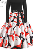 Women Christmas Dress Vintage Robe Swing Elegant Party Xmas Long Sleeve Casual Print Black New Year