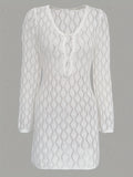 New Knitted Beach Hooded Sexy Hollow Knitted Short Dress Holiday Long-Sleeved