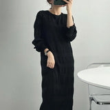 Chic Gentle And Elegant Round Collar Fold Texture Design Loose Leisure Lantern Sleeve Chiffon Dress