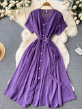 Vintage V-Neck Single Breasted Midi Dress For Women Elegant Short Sleeve High Waist A-Line Slim Green/Red/Purple