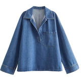 Women's Clothing INS Burst Fashion Loose Collar Long Sleeves Denim Blouse Trouser