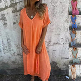 New Leisure Spring And Summer Loose Skirt Short-Sleeved V-Neck Solid Cotton
