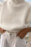 Women Fashion Solid Cropped Knitted Sweater Vest Turtleneck Sleeveless Pullover Solid Chic Tops