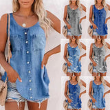Women's 2025 Summer New Fashion Imitation Denim Vest Casual Print Sleeveless