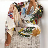 Women's 2025 Suit New Casual Print V-Neck Shirt Broad Leg Pants Women's Spring
