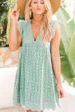 Dress with Pockets 2023 Summer Short Sleeve Lace Dresses for Women Hollow Out Spliced V-neck High Waist Party Dress