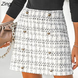 PETAL Black White Plaid Tweed Mini Skirt For Woman Sexy Casual High Waist A-line Mini Skirt 2023 Spring Skirt