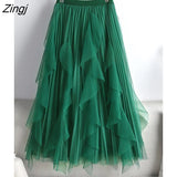 3 Layers Midi Long Tulle Skirt Women 2023 Summer Korean Fashion Elegant Ruffles High Waist Pleated A Line Skirt