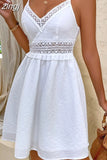 White Summer Lace Dress Women Sexy V Neck Spaghetti Strap Mini Dress High Waist Casual Beach Dresses Vestido