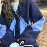 Women Geometric V-neck Long Sleeve Knitted Sweaters Baggy Korean Style Retro Leisure Students Ins Chic Fall