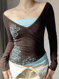 Women's Clothing Crash Color Fake Two Big V-Neck T-Shirt Tight Hottie Temperament Retro New Long-Sleeved