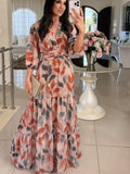 Women's Summer New V-Neck Fashion Elegant Print Long Dress Dress