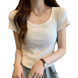 Zingj U Collar Short-Sleeved T-Shirt Women 2023 Summer New Korean Version Slim High Waist Short Style Students Pure Color Jacket