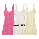 New Women's Elastic Knitted Button Dress With Short Dress