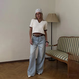 Summer New Knitted Hollow Navy Round Five-Sleeve Polo Shirt Front Shoulder Women Short Loose