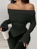 And Summer New V-Neck Open Shoulder Two-Wear Design Embody Wrinkles Irregular Long-Sleeved