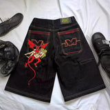Pocket Embroidered Letter Print Jeans Men's Shorts Summer Vintage Super Wide-Legged