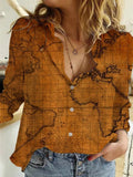 Women's Clothing 2025 Summer New Shirt Fashion Map Depicts Printed Long-Sleeved Top
