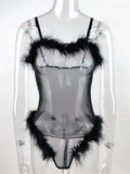 Sexy Mesh Sheer See Through Bodysuits Women Fur Feather Patchwork Sleeveless Strap V-neck Jumpsuits Female