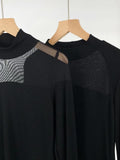 Zingj Show Thin Temperament Mesh Hollow Out Black Bottom Shirt Women's New Slim Half High Collar With Long-Sleeved