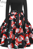 Women Christmas Dress Vintage Robe Swing Elegant Party Xmas Long Sleeve Casual Print Black New Year