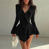Women's Clothing 2025 Autumn New Solid Fashion V Collar Horn Sleeves To Close The Waist Lotus Leaf Dress