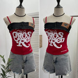 Letter-Print Spliced Denim Sling Vest Repair Outside The Hot Babes Bumpy Short Sleeveless Top