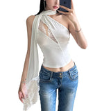 Zingj Summer Women's Lace Ribbon Stitching Hollow Out Asymmetrical Slim Small Vest-Outfit