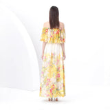 Spring New Holiday Style Printed Lotus Leaf Dress Women's Shoulder To Show Thin Spuny Chiffon