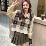 Pieces Sets Women Spring Autumn Korean Plaid Vest Knitted Sweater Sweet Girls Casual Shirts Elegant V-neck College Vintage