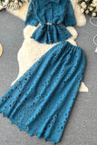 Women Hollow Out Two Piece Set Vintage Turn-Down Collar Short Sleeve Tops + High Waist Long Skirt 2Pcs Suit New