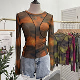 Sun Dyed Elastic Mesh Yarn T-Shirt Stacked With Long-Sleeved Top Press Line T-Shirt