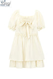 Collar Dress For Women Clothes 2023 Elegant Bow Agaric Lace Short Sleeve 2023 Summer A-line Dress High Waist Midi