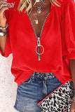 Women Shirt Summer Tops Zipper V Neck Women's Blouse New Fashion Casual Chiffon Half Sleeve 2023 Female Clothing Blusas
